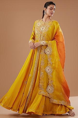 yellow chanderi shimmer dori embroidered kalidar anarkali set