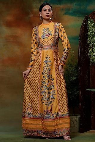 yellow chanderi silk & organza printed maxi dress