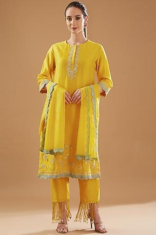 yellow chanderi silk embroidered kurta set