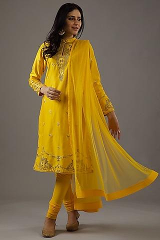 yellow chanderi silk embroidered kurta set