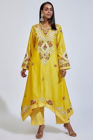 yellow chanderi silk embroidered kurta set