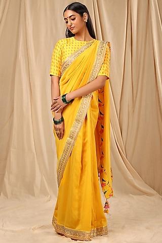 yellow chanderi silk embroidered saree set