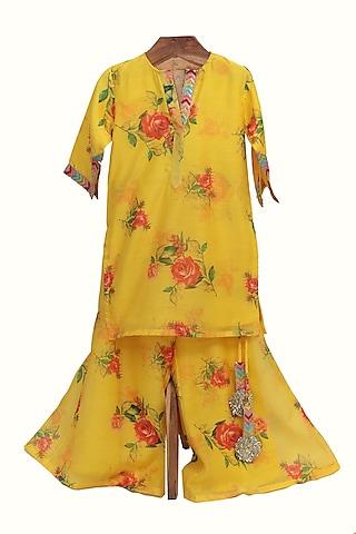 yellow chanderi silk floral printed sharara set for girls