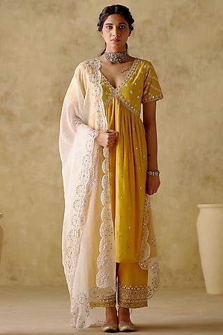 yellow chanderi silk hand embroidered anarkali set