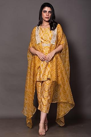yellow chanderi silk hand embroidered cape set