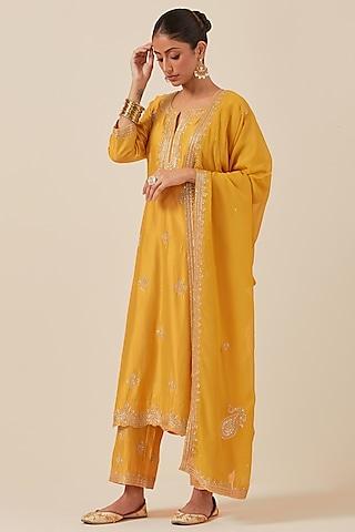 yellow chanderi silk hand embroidered kurta set