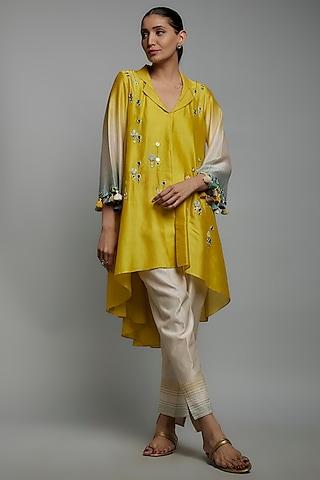 yellow chanderi silk hand embroidered tunic set