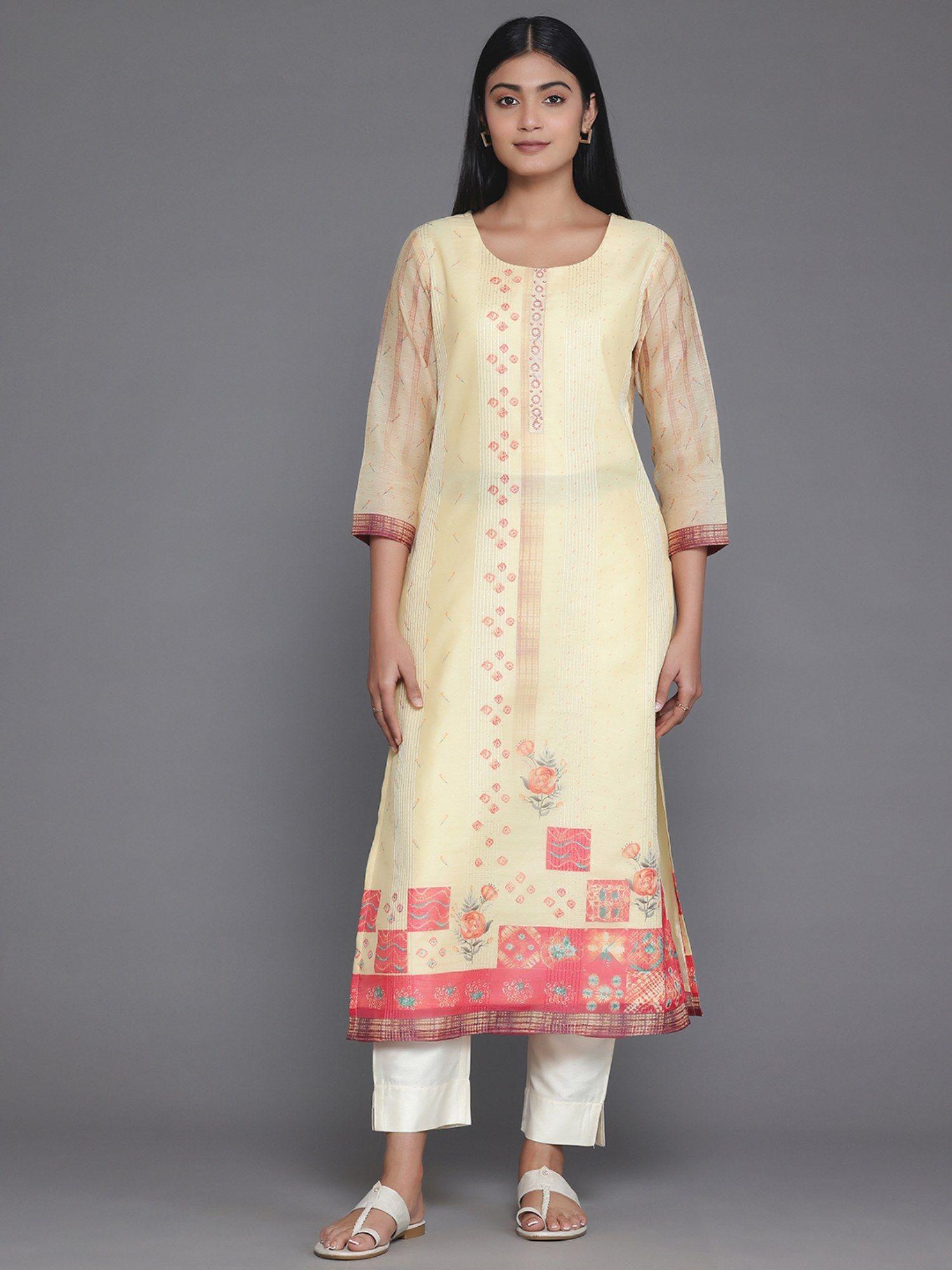 yellow chanderi silk hand work yoke design kurta with lining