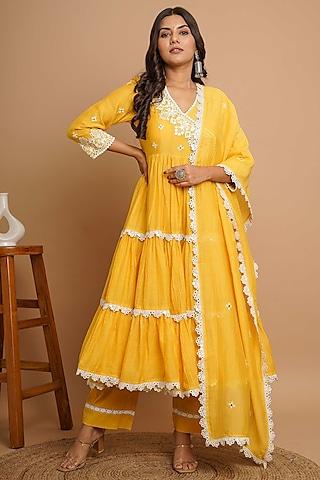 yellow chanderi silk lace & mirror embroidered anarkali set