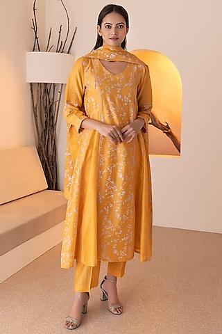 yellow chanderi silk printed kurta set