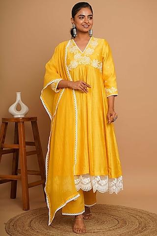 yellow chanderi silk thread embroidered kalidar anarkali set