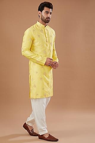 yellow chanderi silk zari embroidered kurta set