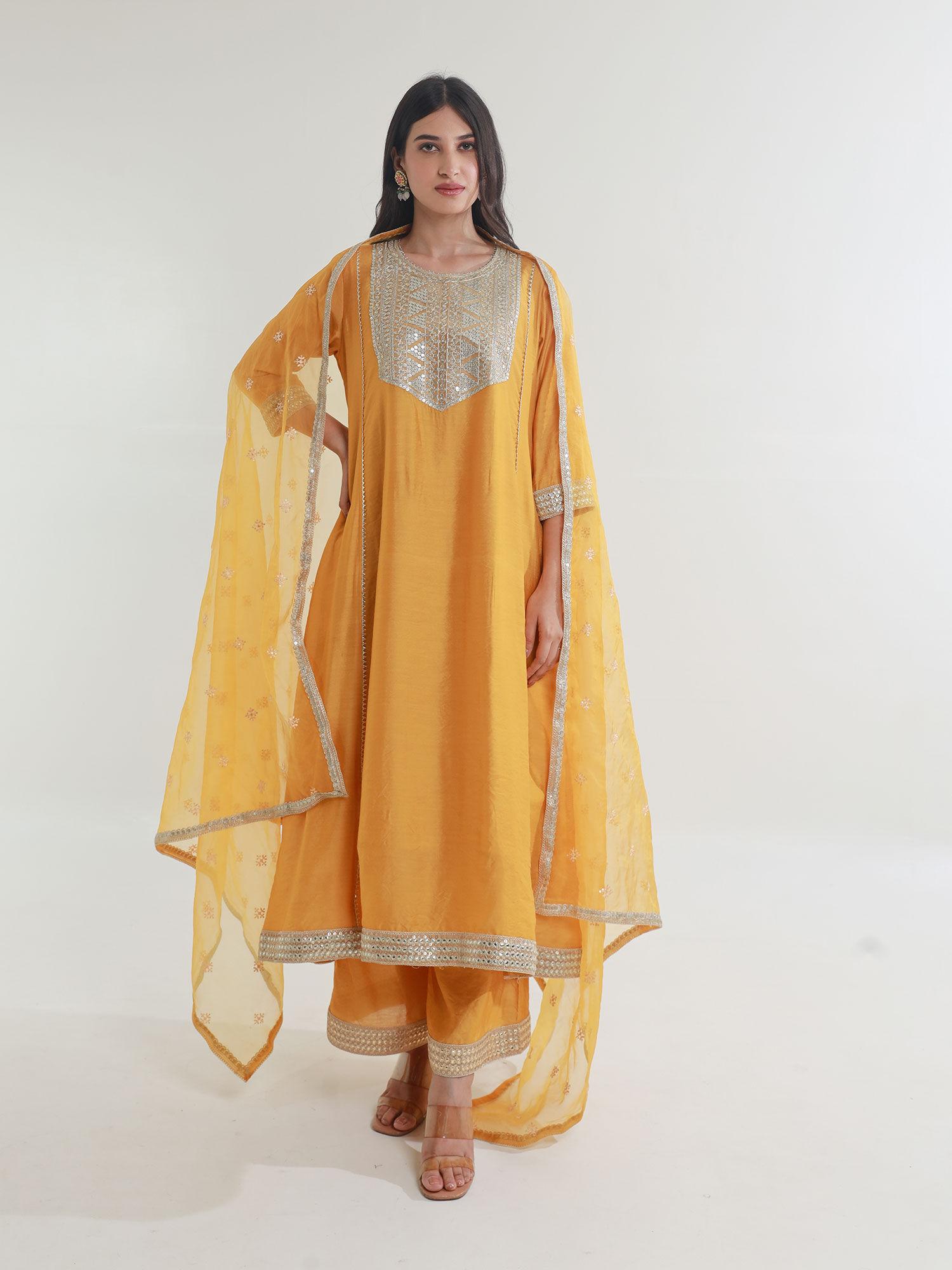 yellow chanderi straight kurta with pant and dupatta (set of 3)