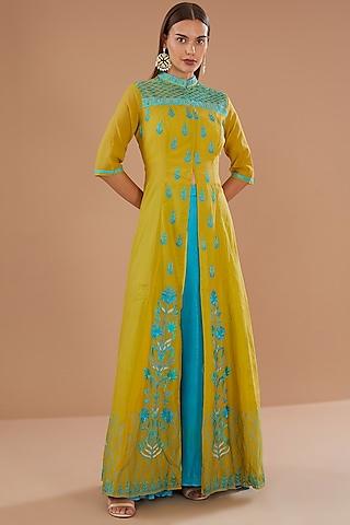 yellow chanderi thread embroidered anarkali