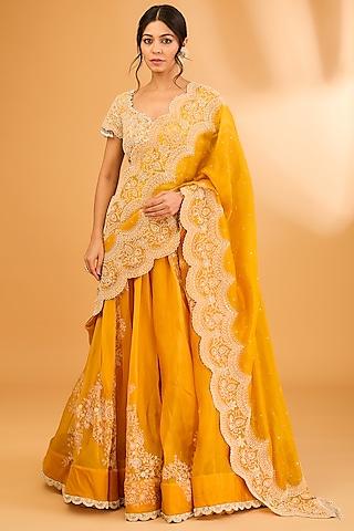 yellow chanderi thread embroidered lehenga set