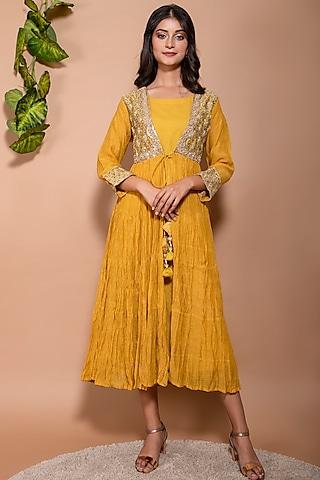 yellow chanderi tiered anarkali jacket set