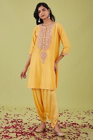 yellow chanderi zari embroidered a-line kurta set