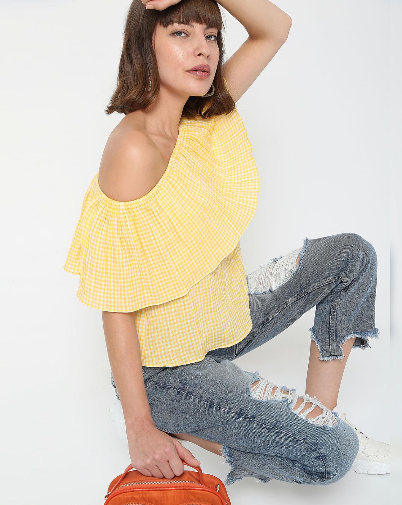 yellow check off-shoulder top