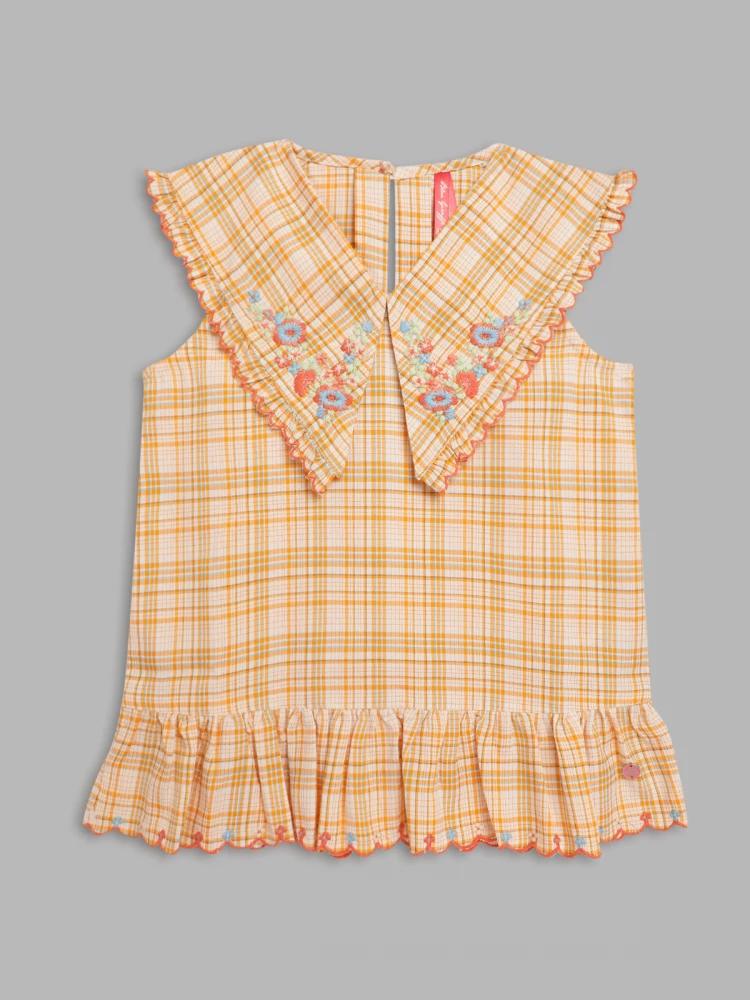 yellow checked v neck top