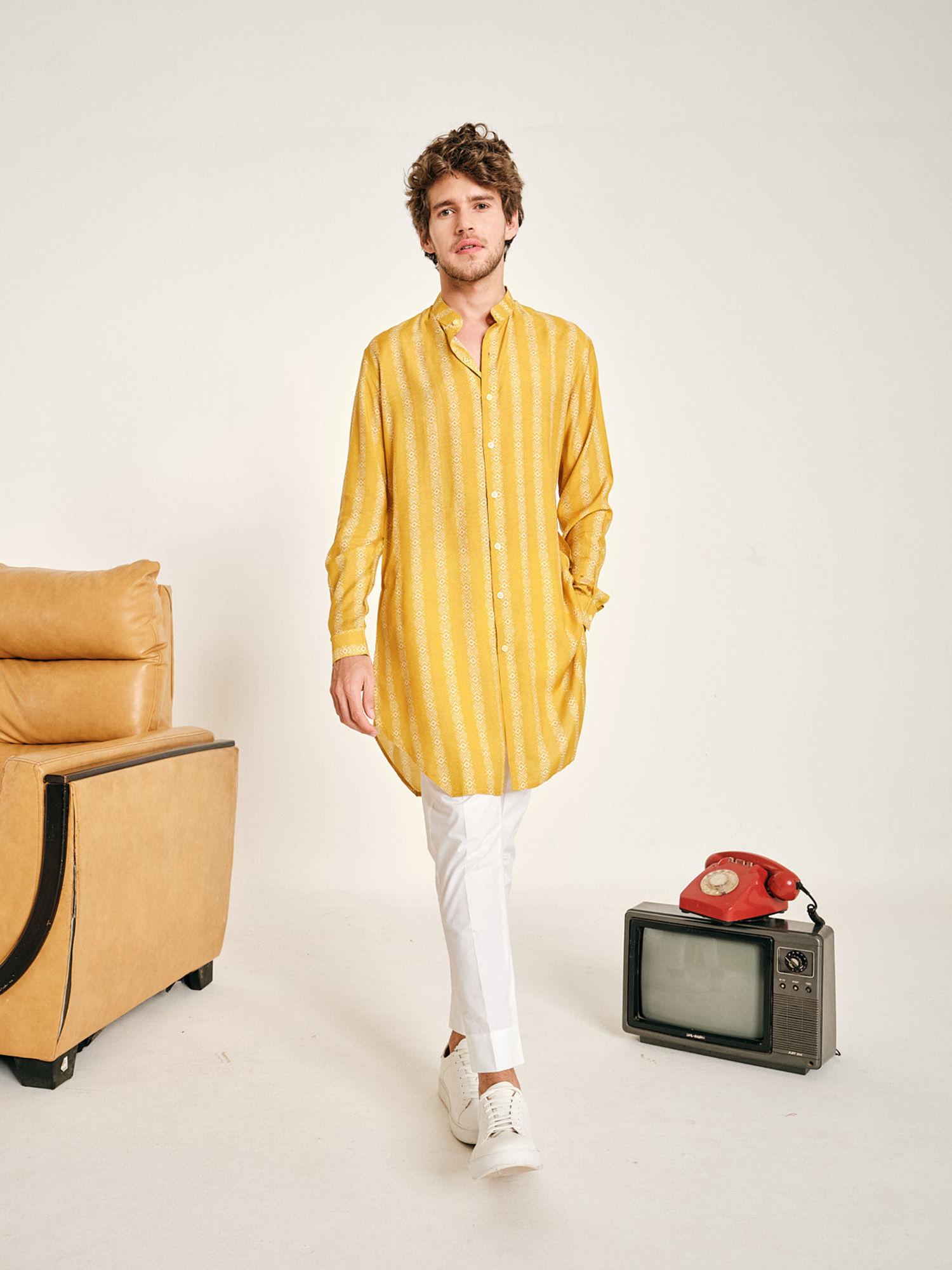 yellow chevron stripe malai cotton kurta with pajama (set of 2)