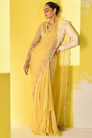 yellow chiffon embroidered draped skirt saree set