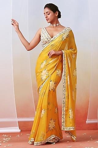 yellow chiffon floral printed saree set