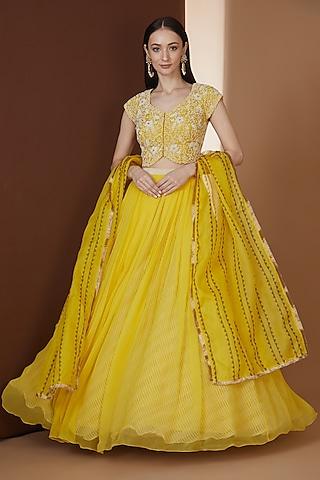 yellow chiffon pleated lehenga set