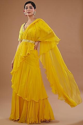 yellow chiffon pre-stitched saree set