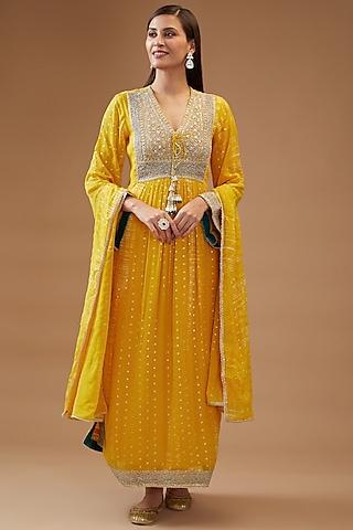 yellow chiffon printed & embroidered kurta set
