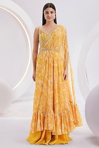 yellow chiffon printed & hand embroidered one-shoulder cape set