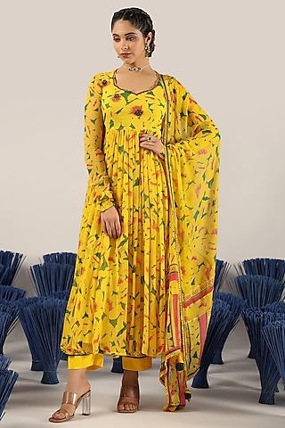 yellow chiffon printed anarkali set