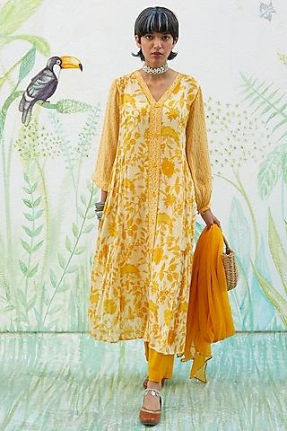 yellow chiffon printed kurta set