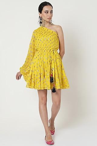 yellow chiffon printed one shoulder dress