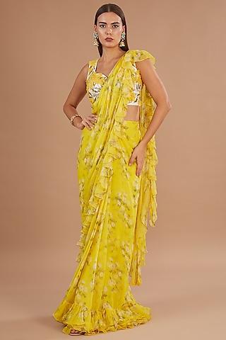 yellow chiffon printed pre-stitched frilled saree set