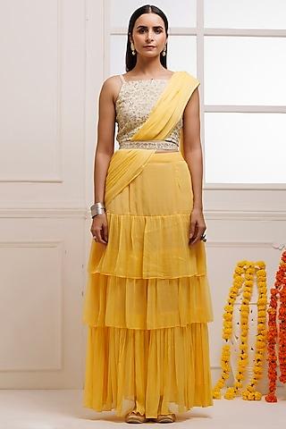 yellow chiffon ready-to-wear ruffled saree set