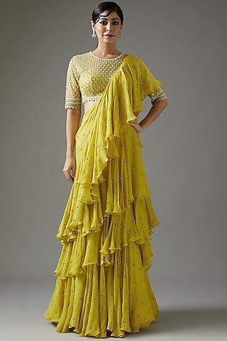 yellow chiffon ruffled saree set