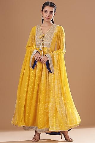 yellow chiffon tie-dyed kurta set