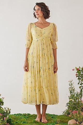 yellow chiffon tiered midi dress