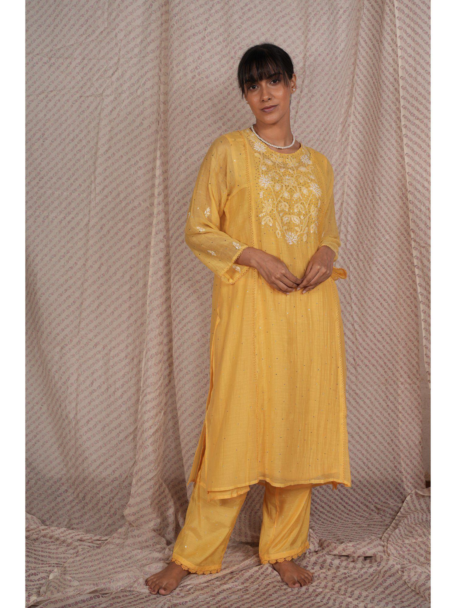 yellow chikan chanderi mul kurta