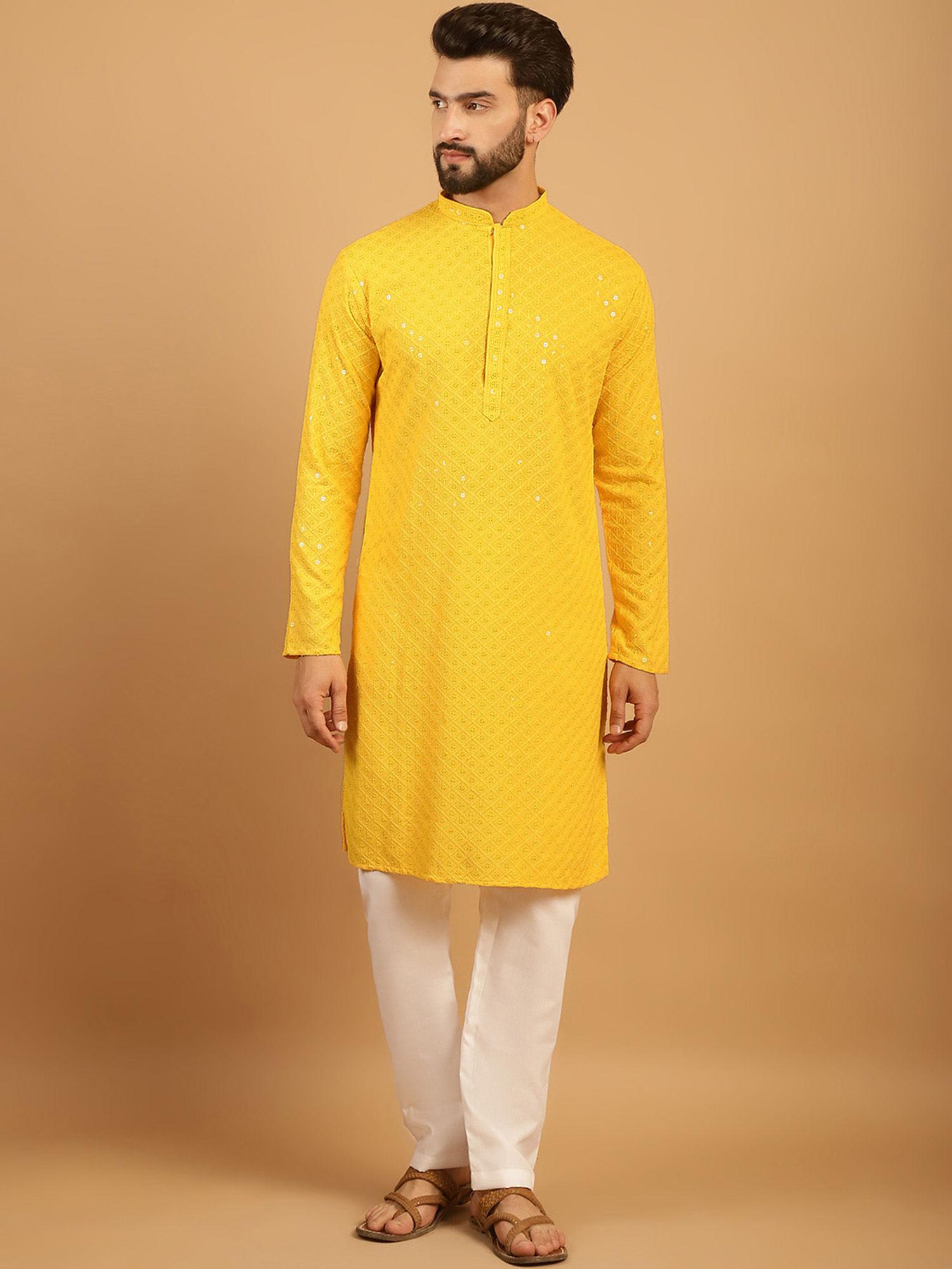 yellow chikankari embroidered kurta with aligarh pyjama (set of 2)