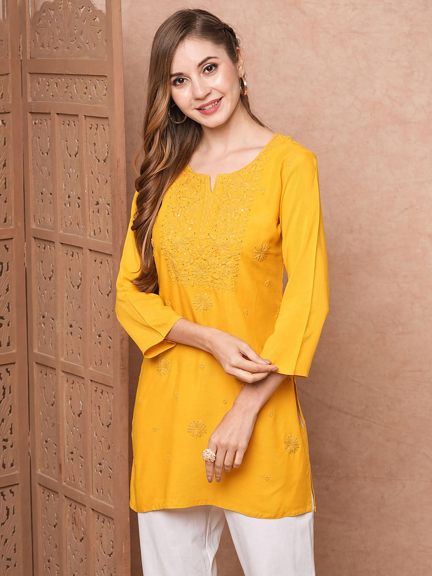 yellow chikankari embroidered kurti