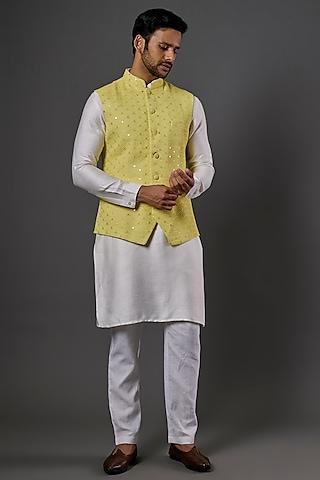 yellow chikankari embroidered nehru jacket
