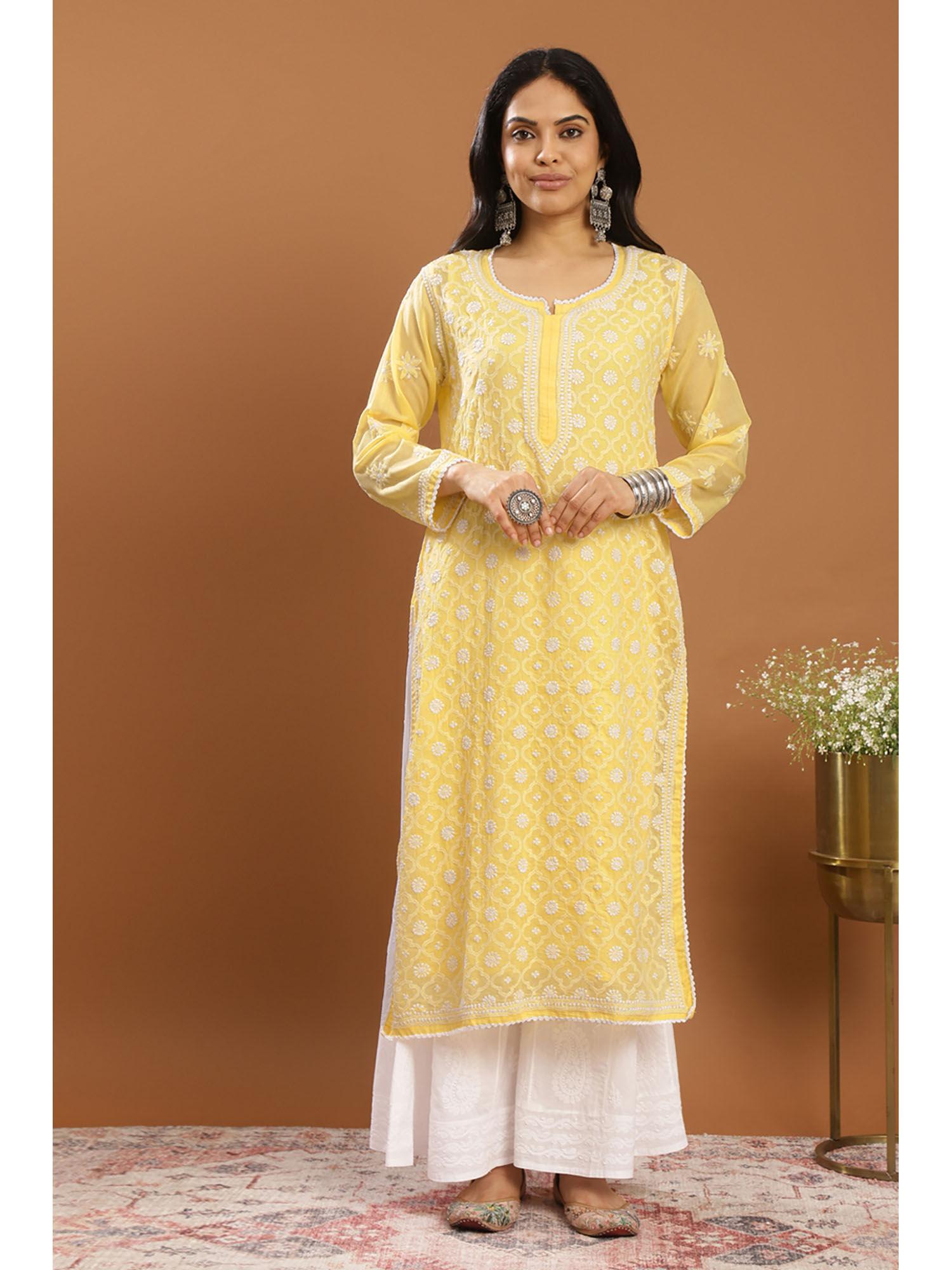 yellow chikankari mul cotton designer kurta with slip (set of 2)