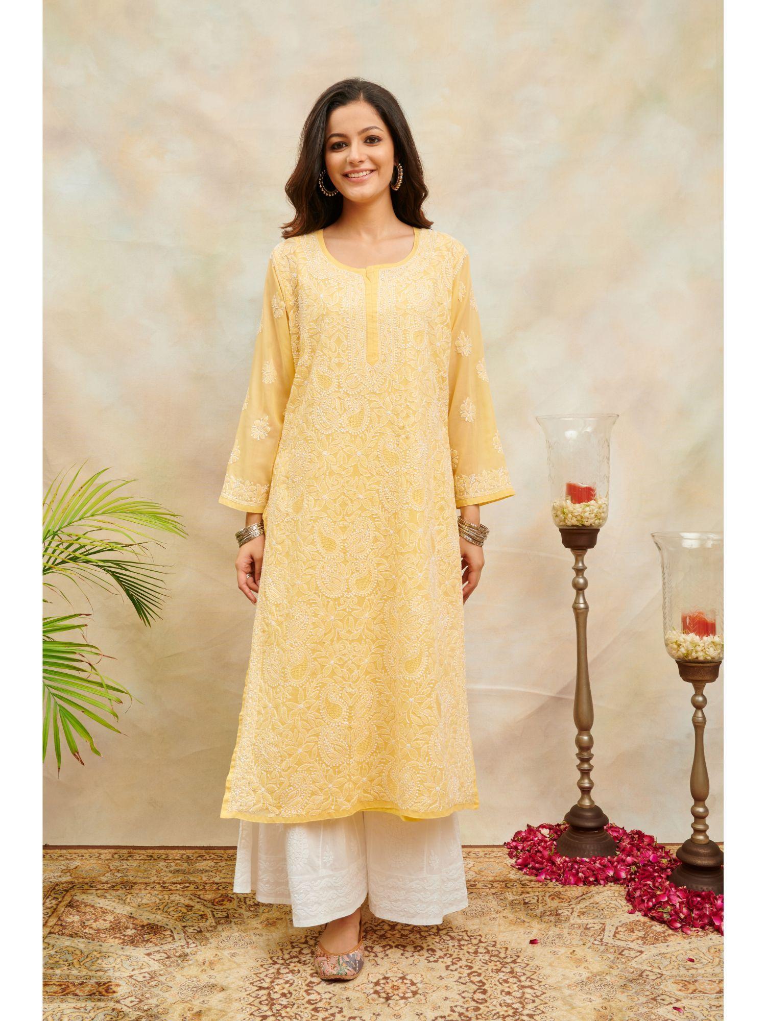 yellow chikankari mul cotton designer kurta with slip (set of 2)