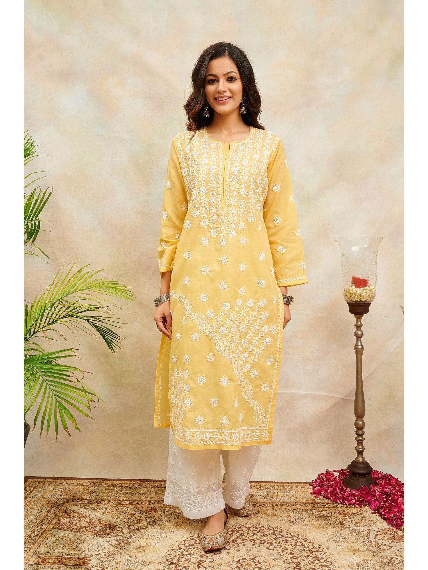 yellow chikankari mul cotton designer kurta