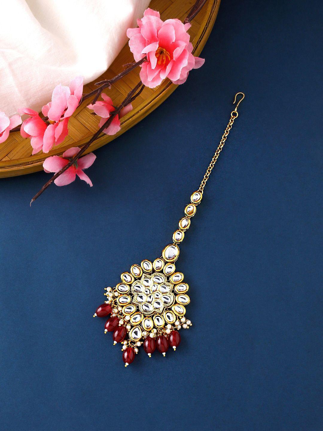 yellow chimes gold-plated & red kundan studded maang tikka