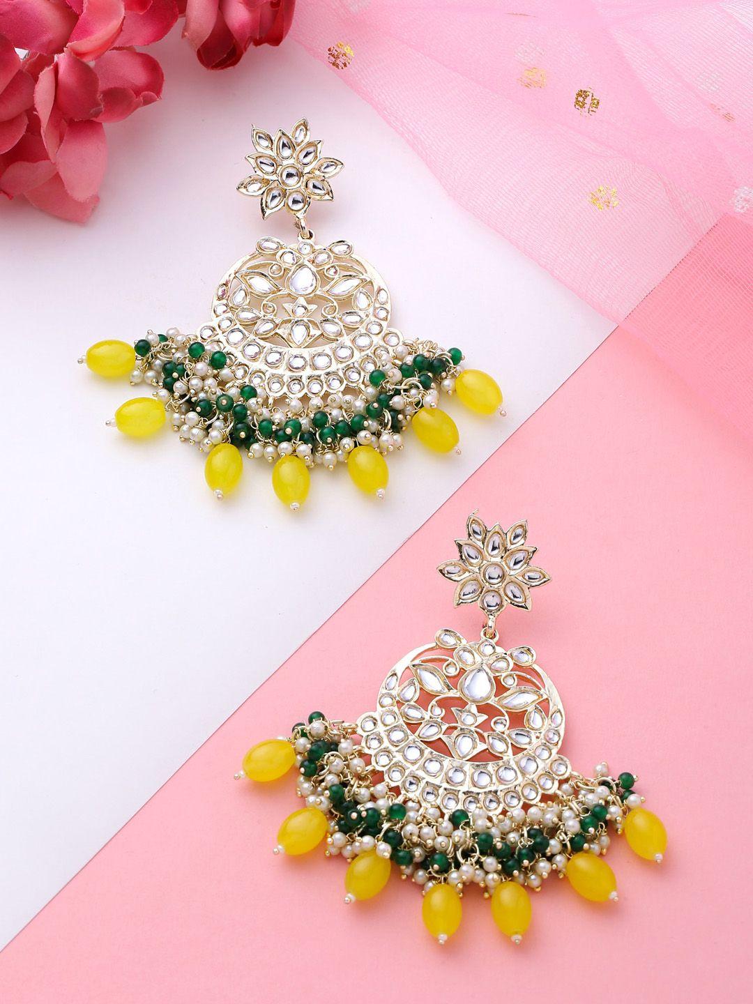 yellow chimes gold plated contemporary kundan studded chandbalis earrings