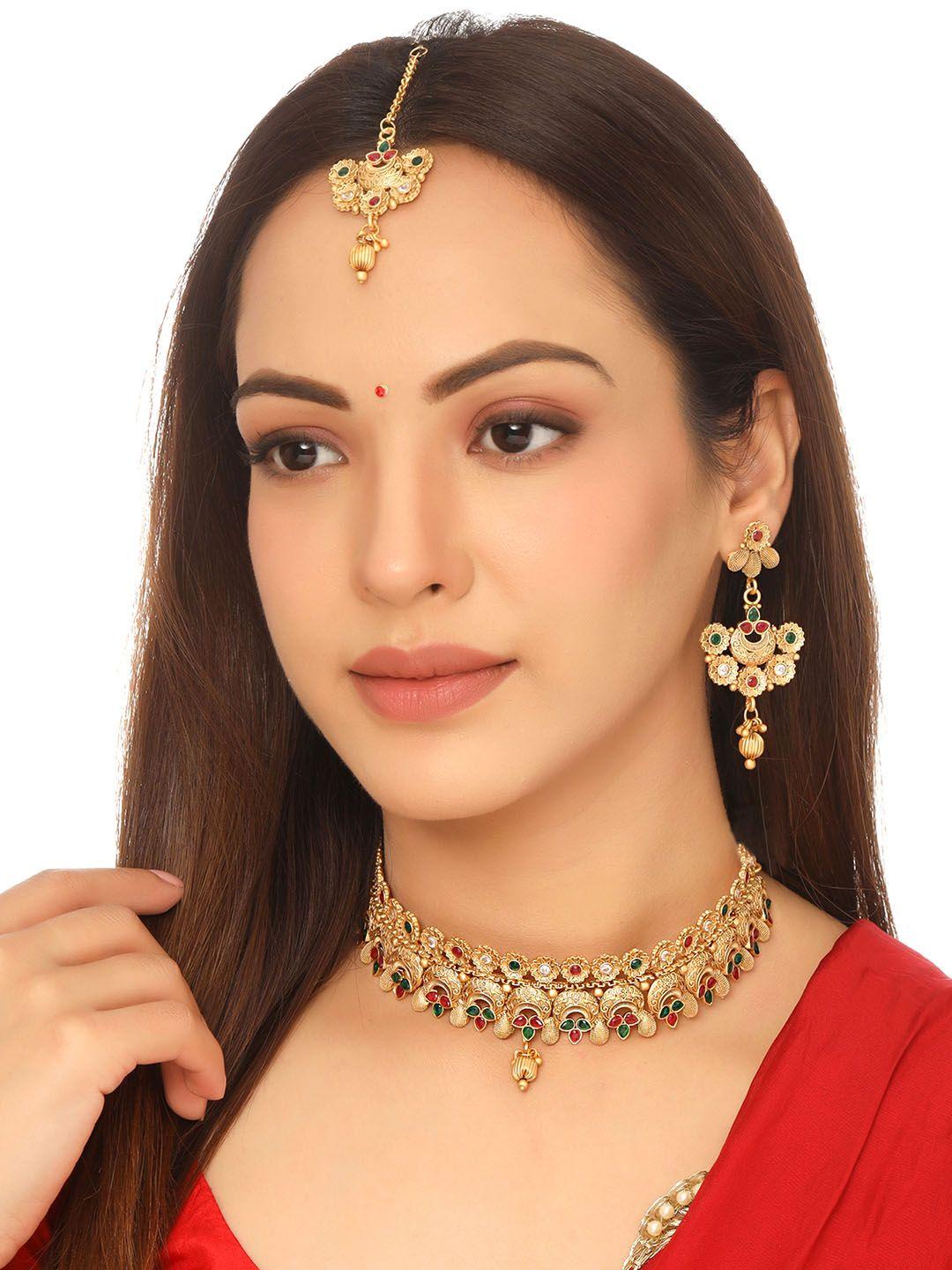 yellow chimes gold plated crystal studded traditional choker jewellery set with mangtikka