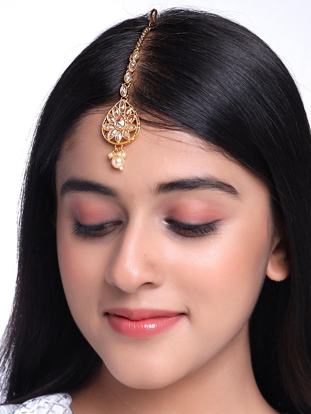 yellow chimes gold plated gold stone studded maang tikka  head jewellery