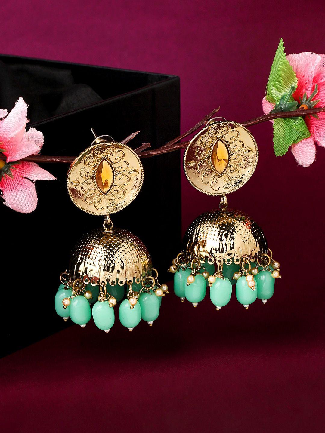 yellow chimes gold-plated green contemporary jhumkas earrings